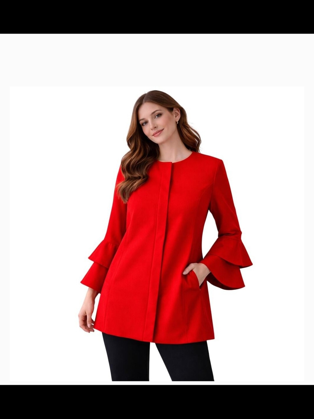 Belle Vere Red Ruffle Tiered Bell Sleeve Coat Jacket Size S